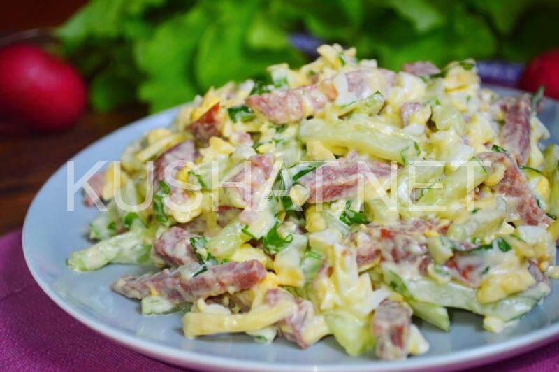 Рецепты салатов из колбасы. Салаты с колбасой. Салат с фасолью и копченой колбасой.