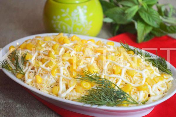 12_слоеный салат с тунцом, крабовыми палочками и кукурузой